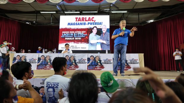 Presidential candidate Senator Panfilo Lacson and vice presidential bet Senate President Vicente Sotto III during a town hall meeting in Tarlac City on Monday, April 25, 2022. Photo from Lacson-Sotto media bureau