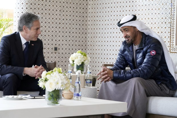 U.S. Secretary of State Antony Blinken meets with Abu Dhabi's Crown Prince Mohammed bin Zayed Al Nahyan at his residence in Rabat, Morocco, March 29, 2022. Jacquelyn Martin/Pool via REUTERS/File Phot