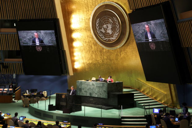 Sergiy Kyslytsya, Permanent Representative of Ukraine to the United Nations delivers remarks during  an emergency special session of the U.N. General Assembly on Russia's invasion of Ukraine, at the United Nations headquarters in New York City, New York, U.S. April 7, 2022. REUTERS/Andrew Kelly