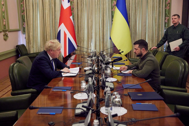 Ukraine's President Zelenskiy and British PM Johnson attend a meeting in Kyiv. STORY: British PM Johnson meets Ukraine’s Zelensky in Kyiv