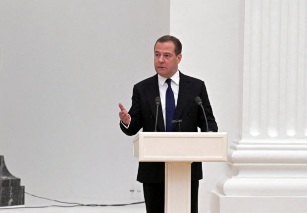Deputy Chairman of Russia's Security Council Dmitry Medvedev delivers a speech during a meeting with members of the Security Council in Moscow, Russia February 21, 2022. Sputnik/Alexey Nikolsky/Kremlin via REUTERS