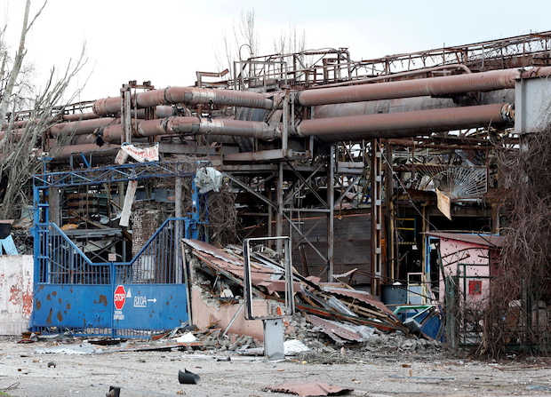 A view shows the Illich Steel and Iron Works in Mariupol. STORY: Ukrainian soldiers hold out in Mariupol