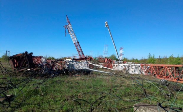 A view of toppled Pridnestrovian radio centre antennas, also known as "Grigoriopol transmitter", following the blasts, near Maiac, Grigoriopol, in Moldova's self-proclaimed separatist Transdniestria region, in this handout photo released on April 26, 2022.   Transdniestrian Interior Ministry/Handout via REUTERS