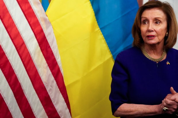 U.S. House Speaker Nancy Pelosi (D-CA) speaks at an unveiling of a photo exhibit on the Russian invasion of Ukraine, at the Capitol Hill in Washington, U.S., April 28, 2022. REUTERS/Elizabeth Frantz