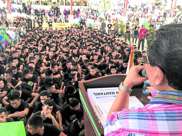 Mohagher Iqbal, former peace panel chair of the Moro Islamic Liberation Front (MILF) that signed a peace deal with the government, addresses young MILF fighters in Al Barka, Basilan, as part of the consultations in preparation for their integration into the government police and Armed Forces, in this photo taken on Jan. 15, 2019. STORY: 5,060 former Moro rebels eyed to join police force