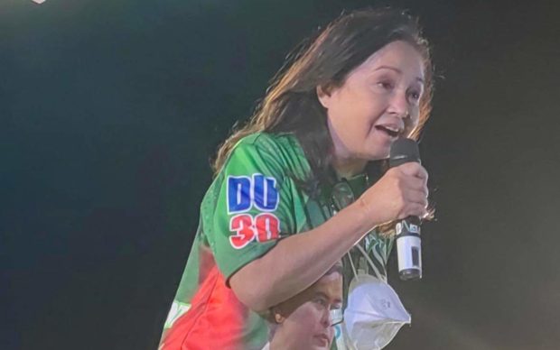 Former President and now reelectionist Pampanga Rep. Gloria Macapagal-Arroyo speaks at a crowd in Mexico town, Pampanga province on Monday. (Contributed)
