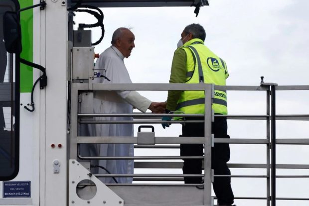 Pope Francis uses elevator to board plane taking him to Malta
