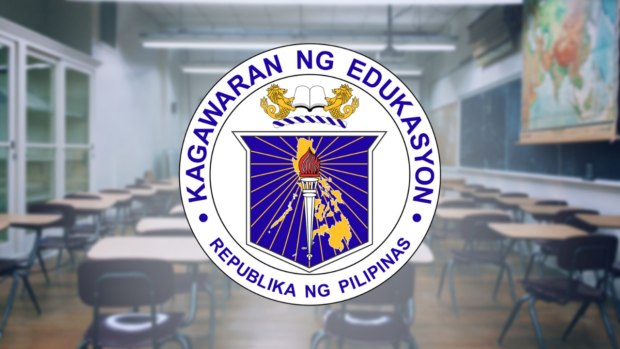 DepEd logo with empty classroom background. STORY: DepEd logo with empty classroom background