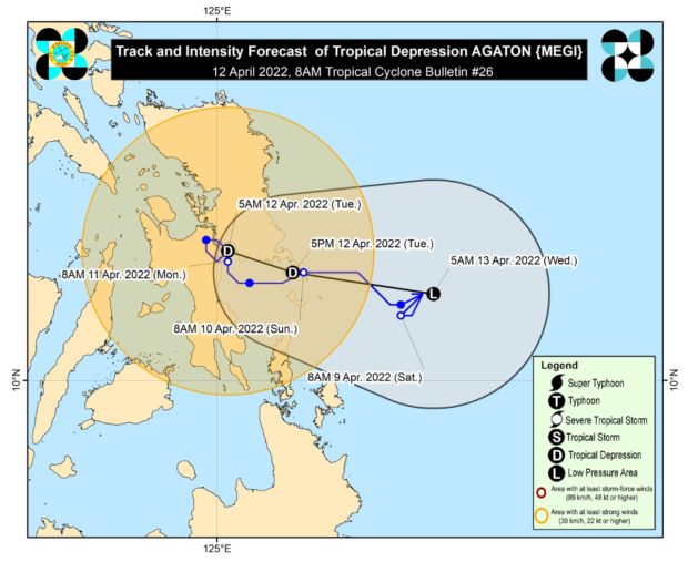 The center of Tropical Depression Agaton is now in the vicinity of Marabut, Samar as nine areas are still under Tropical Cyclone Wind Signal (TCWS) No. 1, the Philippine Atmospheric, Geophysical and Astronomical Services Administration (Pagasa) said Tuesday morning.