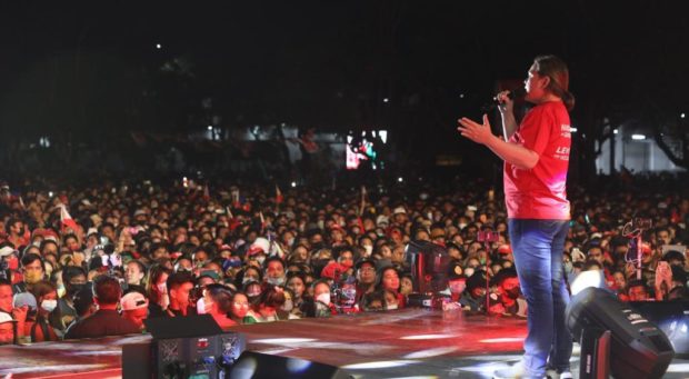 LAKAS-Christian Muslim Democrats (CMD) vice presidential candidate Davao City Mayor Sara Duterte delivers Monday night her message of unity, love and patriotism to their thousands of supporters during the UniTeam grand rally at the Lima Commercial Estate in Malvar-Lipa City, Batangas