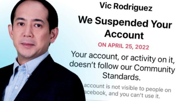 Atty Vic Rodriguez, shares a screencap of his suspended Facebook account, alleging the suspension was because he was for Ferdinand "Bongbong" Marcos Jr. Image from Atty. Vic Rodriguez