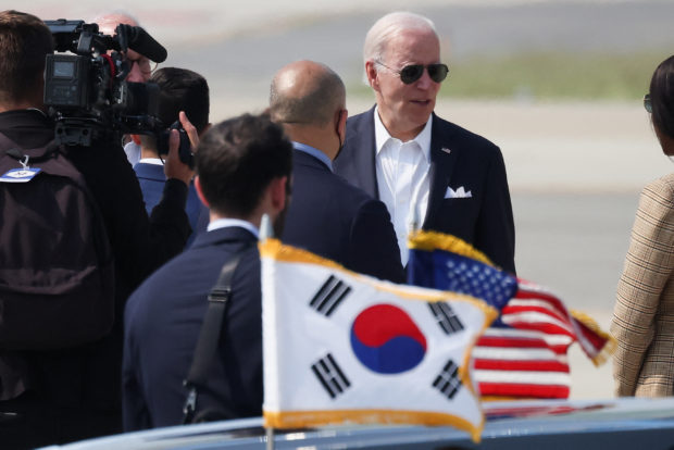 US President Joe Biden prepares to depart for Japan from Osan Air Base in Pyeongtaek on May 22, 2022. (Photo by KIM HONG-JI / POOL / AFP)