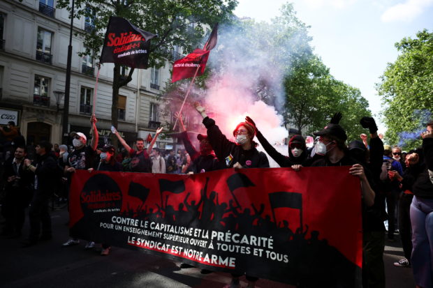 The traditional May Day labour union march in Paris. STORY: May Day marchers in France put pressure on reelected Macron