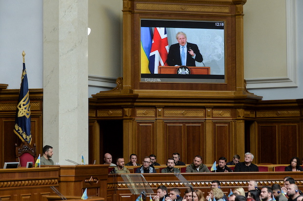 Ukraine's President Zelenskiy and British PM Johnson address a session of parliament, in Kyiv. STORY: Ukraine’s 'finest hour': UK’s Johnson says Russia will lose