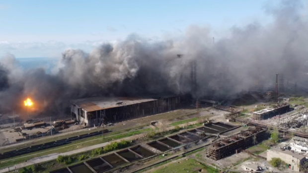 An aerial view shows shelling in the Azovstal steel plant complex, amid Russia's invasion of Ukraine, in Mariupol, Ukraine, in this screen grab taken from a handout video released on May 5, 2022. Azov Regiment/Handout via REUTERS