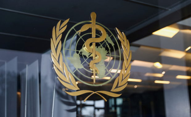 The WHO logo is pictured in Geneva. STORY: No evidence monkeypox virus has mutated – WHO