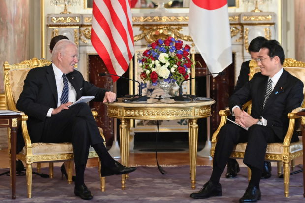 U.S. President Joe Biden and Japan's Prime Minister Fumio Kishida attend the Japan-U.S. summit meeting at Akasaka Palace state guest house in Tokyo, Japan, May 23, 2022. David Mareuil/Pool via REUTERS