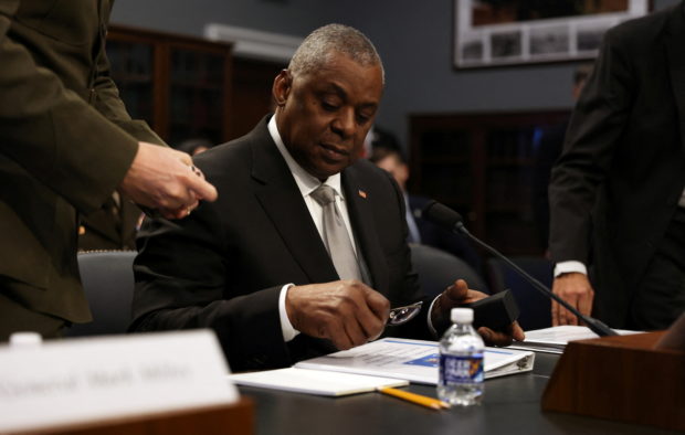 FILE PHOTO: U.S. Defense Secretary Lloyd Austin arrives at a House Appropriations Defense Subcommittee hearing on the Defense Department budget request, on Capitol Hill in Washington, U.S., May 11, 2022. REUTERS/Julia Nikhinson