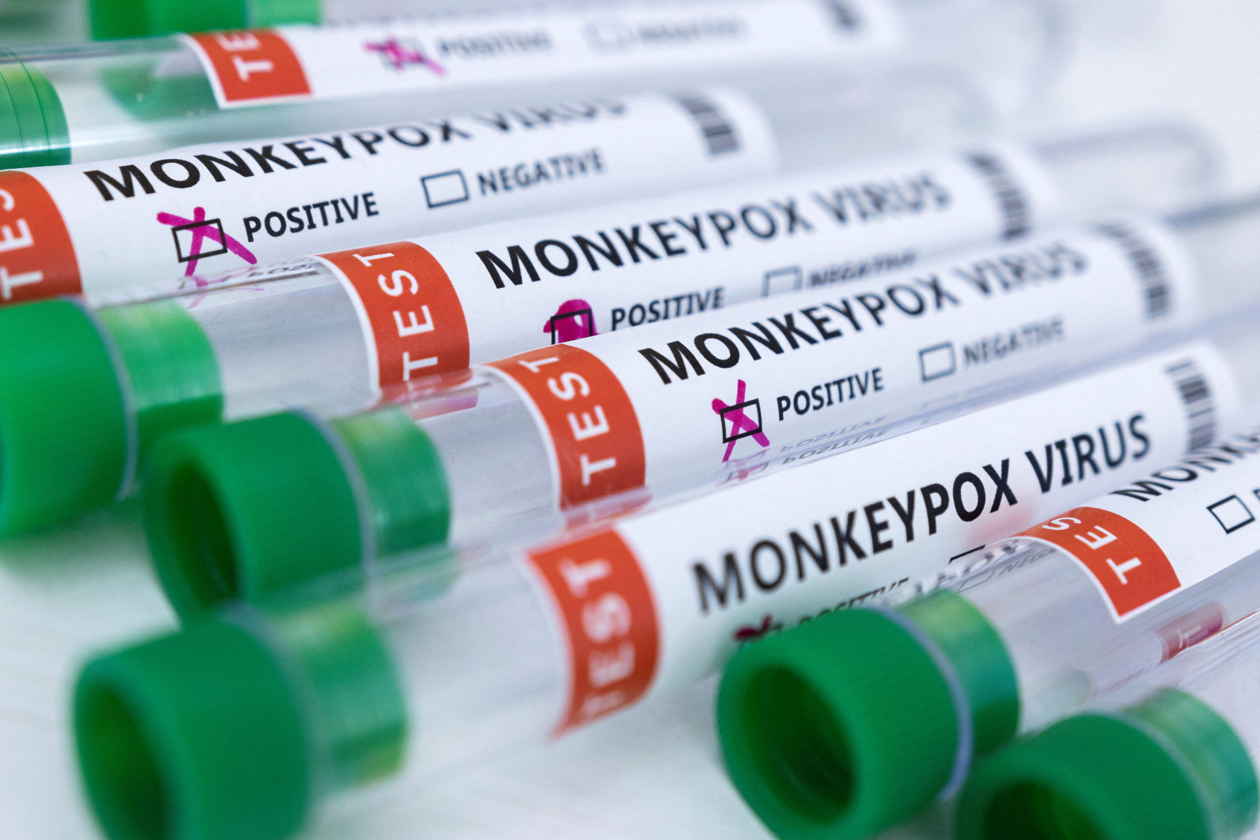FILE PHOTO: Test tubes labelled "Monkeypox virus positive and negative" are seen in this illustration taken May 23, 2022. REUTERS/Dado Ruvic/Illustration doh monkeypox vaccine