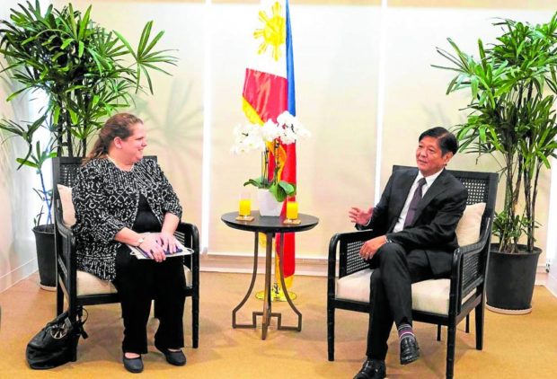 Presumptive President Ferdinand Marcos Jr. discusses security issues with US Chargé d’Affaires Heather Variava during a meeting at his campaign headquarters in Mandaluyong City on Monday. STORY: Marcos looking at extending VFA with US. STORY: Marcos looking at extending VFA with US