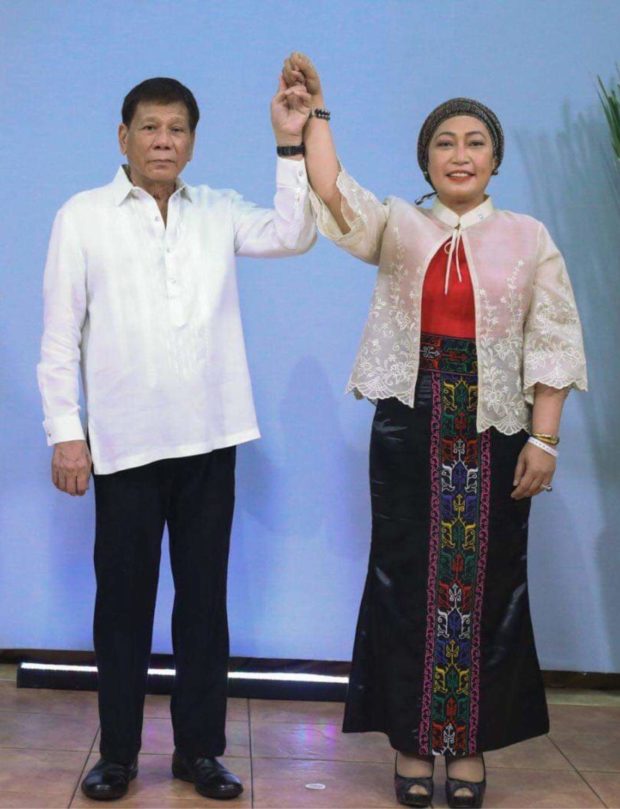 PRRD publicly endorses akkk partylist #107 sa balota on Wednesday march 9 2022 1st nominee at malacanang where he raised the hand of mufaida alonto macatoman for the 2nd time in show of approval and support for akkk partylist for this coming election of 2022