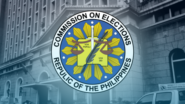 Comelec logo over photo of its headquarters. STORY: Comelec studying voter registration at workplaces