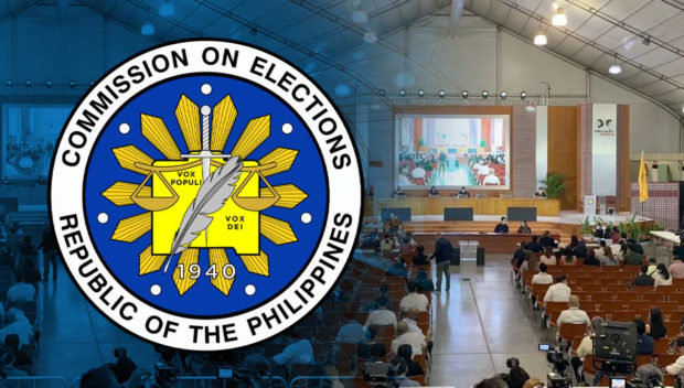 Comelec logo over election canvassing venue. STORY: 30 election dispute cases pending at Comelec