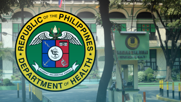 Department of Health building with superimposed logo. STORY: COVID-19 cases slowly rising but mostly mild, says DOH