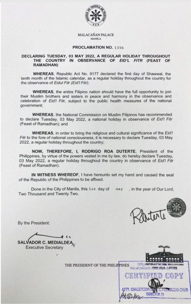 President Duterte declares May 3 as a regular holiday for Eid'l Fitr