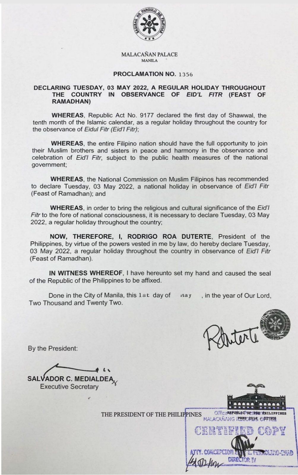 Duterte declares May 3 as regular holiday for Eid’l Fitr Inquirer News