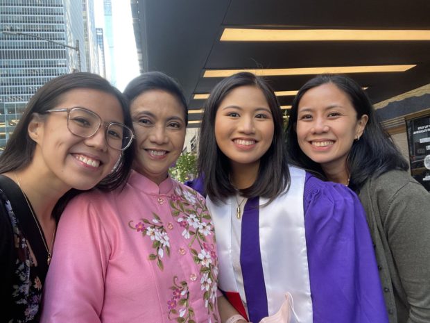Tricia Robredo with mother, Vice President Leni Robredo, and sisters Aika and Jilian, who graduated with double majors in Economics and Mathematics at the New York University. Image from Twitter / Tricia Robredo