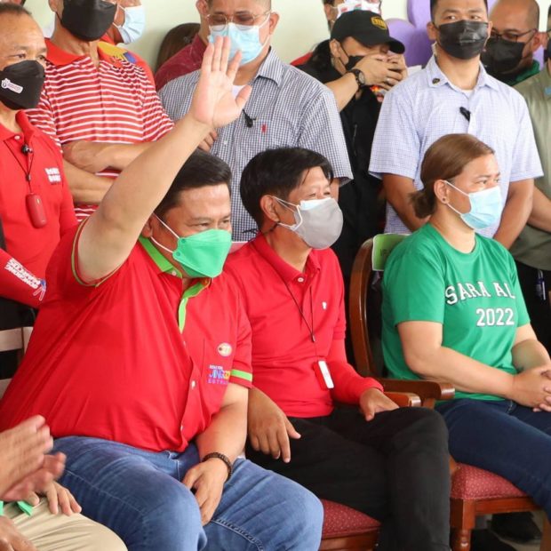 Former Senator Jinggoy Estrada (left) secured the endorsement of the influential Iglesia ni Cristo along with 11 other senatorial aspirants. The tandem of presidential candidate Bongbong Marcos (center) and vice presidential bet Sara Duterte (right) were also endorsed by the powerful religious sect.