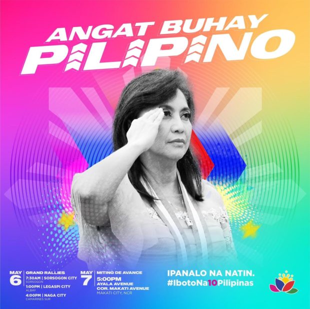 Robredo-Pangilinan miting de avance: Naga City on May 6, Makati City on May 7