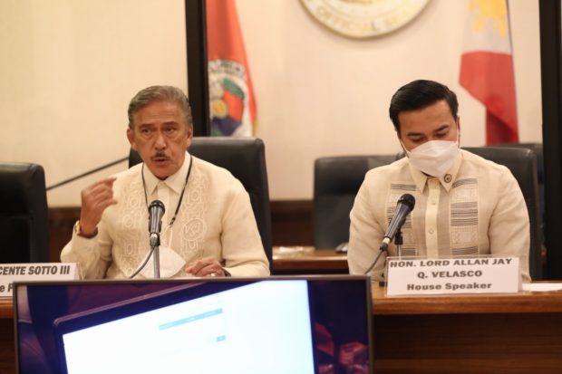 INITIALIZATION PROCESS COMPLETED: Senate President Vicente C. Sotto III and House Speaker Rep. Lord Allan Velasco lead the initialization of Consolidation and Canvassing System (CCS) at the House of Representatives in Quezon City, Monday, May 9, 2022. During the process, Sotto and Velasco confirmed that both chambers are now ready to canvass the votes for the Presidential and Vice Presidential candidates. Under the 1987 Constitution, the Senate and the HOR are mandated to canvass the votes for the presidential and vice-presidential race and proclaim the winning candidates. Also in photos are the Secretariat officials of the two chambers. (Louie Millang / Office of Senate President Vicente C. Sotto III)