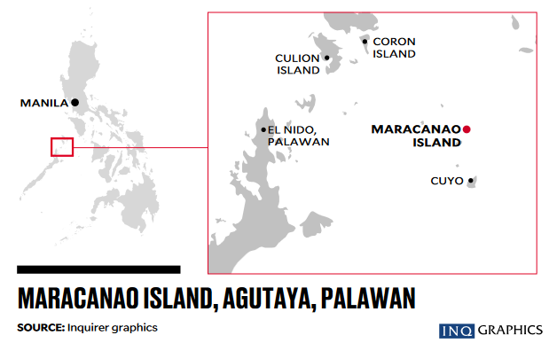 Map showing Maracanao Island in Palawan. STORY: Ships, plane search for 7 fishers in Palawan waters