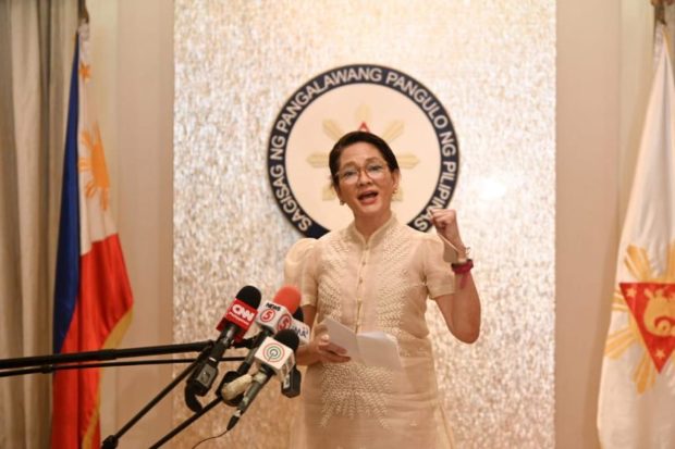 Senator Risa Hontiveros delivers a speech after taking her oath of office before Vice President Leni Robredo on Monday, June 27, 2022.
