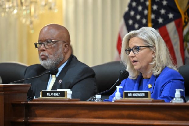 US Representative Liz Cheney (R) speaks flanked by US Representative Bennie Thompson, chairman of the House committee investigating the Capitol riot, during a House Select Committee hearing to Investigate the January 6th Attack on the US Capitol, in the Cannon House Office Building on Capitol Hill in Washington, DC on June 9, 2022. (Photo by MANDEL NGAN / AFP)