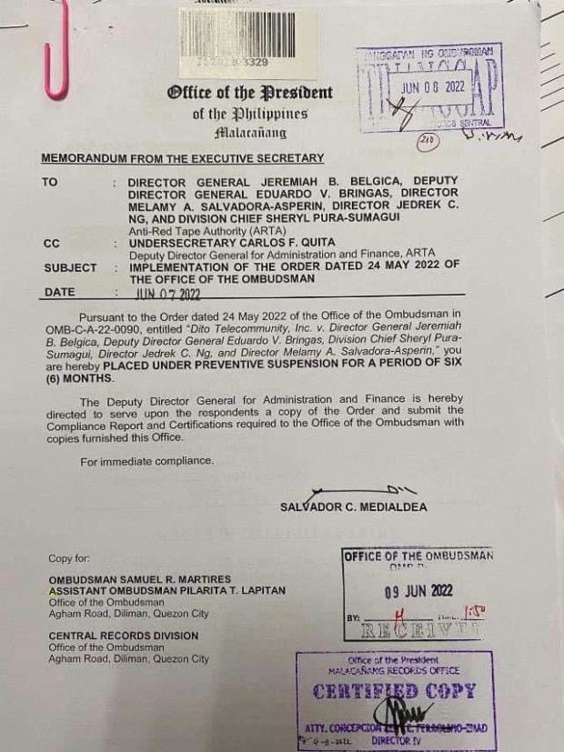 Malacañang implements Ombudsman order suspending ARTA officials