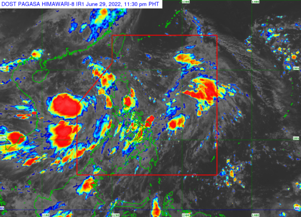 PAGASA TD Caloy satellite map. STORY: TD Caloy slightly intensifies as it hovers over WPS