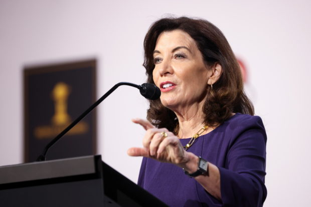 FILE PHOTO: New York Governor Kathy Hochul addresses attendees at the World Car Awards ceremony at the New York International Auto Show, in Manhattan, New York City, U.S., April 13, 2022. REUTERS/Andrew Kelly