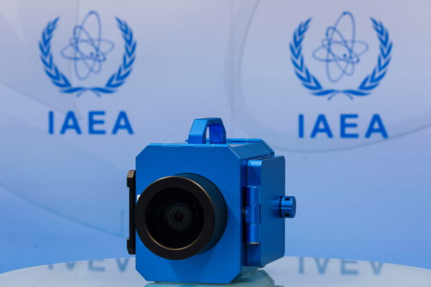 A surveillance camera is displayed during a news conference about developments related to the IAEA's monitoring and verification work in Iran, in Vienna, Austria June 9, 2022. REUTERS/Lisa Leutner