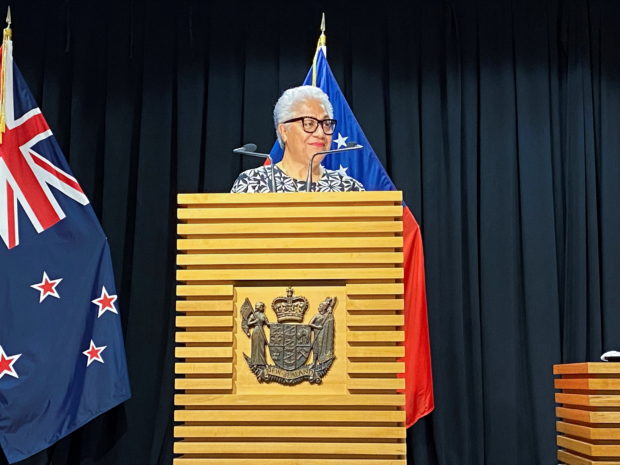 FILE PHOTO: Samoan Prime Minister Fiame Naomi Mata'afa addresses members of the media during a joint news conference hosted with New Zealand Prime Minister Jacinda Ardern (not in picture) in Wellington, New Zealand, June 14, 2022. REUTERS/Lucy Craymer