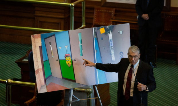 Texas Department of Public Safety Director Steve McCraw uses photos of doors to present what happened regarding the keys and doors during the school shooting at Robb Elementary School in Uvalde to the Texas Senate Special Committee to Protect All Texans during the hearing at the Texas State Capitol in Austin, Texas, U.S. June 21, 2022.  Sara Diggins/USA TODAY NETWORK via REUTERS