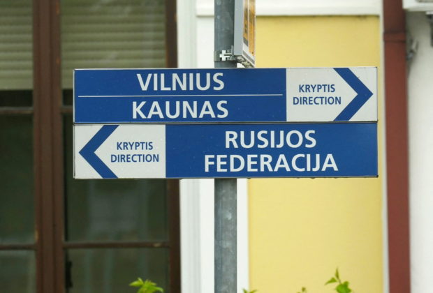 Direction signs in the border railway station in Kybartai, Lithuania.