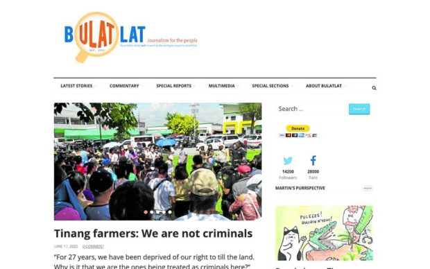 The banned homepage of Bulatlat.com . STORY: Telcos ordered to block 27 websites with alleged CPP ties