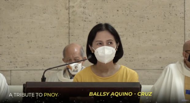 Ballsy Aquino Cruz speaks during the death anniversary of her brother, former President Noynoy Aquino III.
