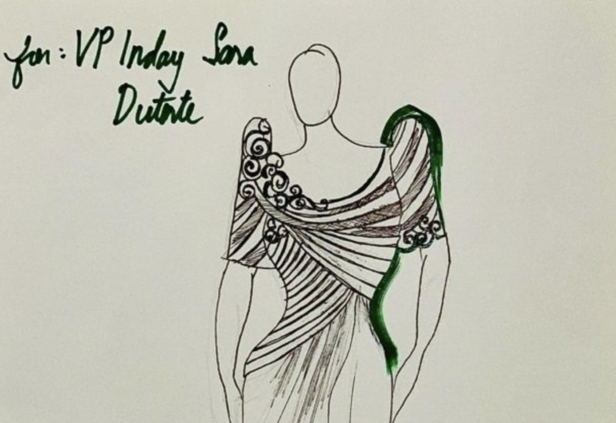 A sketch of the gown that would be worn by Vice President-elect Sara Duterte-Carpio by Davao-based designer Silverio Anglacer. Image from Facebook / Silverio Anglacer