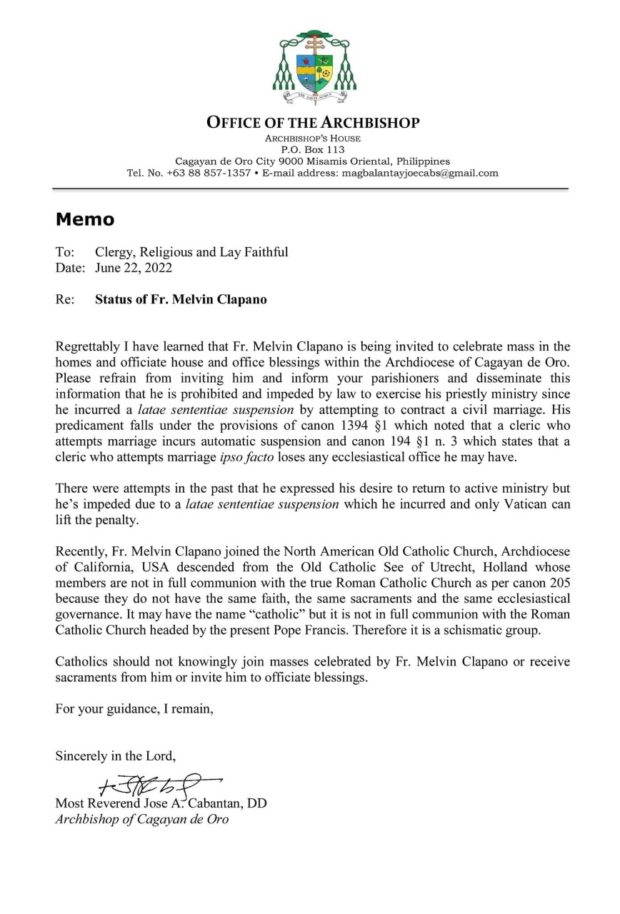 The memorandum issued by Cagayan de Oro Archbishop Jose Cabantan against Fr. Clapano. 