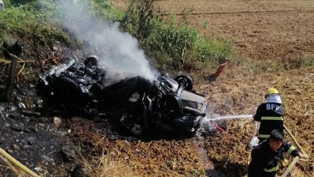 A male passenger died while the driver of this car was critically injured after the vehicle exploded on a rice field in Echague, Isabela