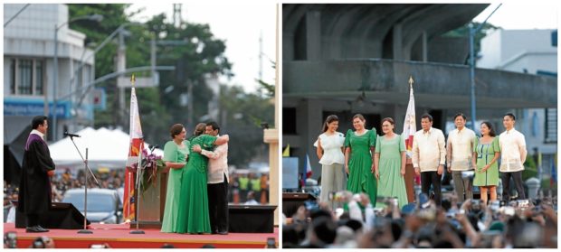POWER HUG Vice President-elect Sara Duterte gives President Duterte a power hug to cheers from the crowd, as Supreme Court Associate Justice Ramon Paul Hernando and her mother Elizabeth Zimmerman look on. They were later joined on the stage (right photo) by President-elect Ferdinand Marcos Jr. (third from right), wife Liza Araneta Marcos (second from right), their son Sandro (right), and Sen. Imee Marcos (left). —PHOTOS BY JEOFFREYMAITEM